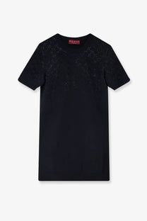 Black gucci women’s short wool dress featuring a subtle glittery pattern across the shoulders and upper chest