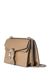 Gucci women’s shoulder bag dionysus medium beige leather crossbody with gold-tone chain strap and ornate circular clasp