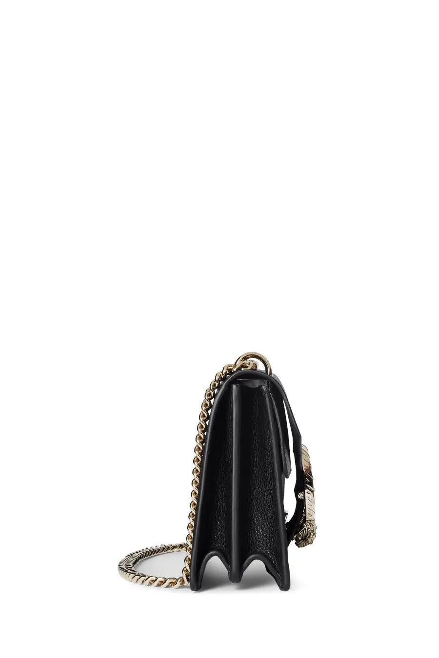 Gucci women’s shoulder bag Dionysus medium black leather crossbody with gold-tone chain strap and textured surface