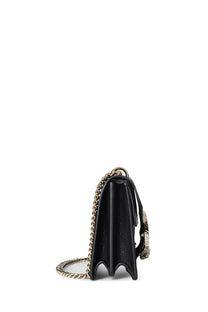 Gucci women’s shoulder bag Dionysus medium black leather crossbody with gold-tone chain strap and textured surface