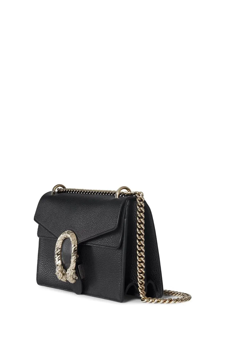 Gucci women’s shoulder bag Dionysus medium in black pebbled leather with gold-tone chain strap and textured metal clasp