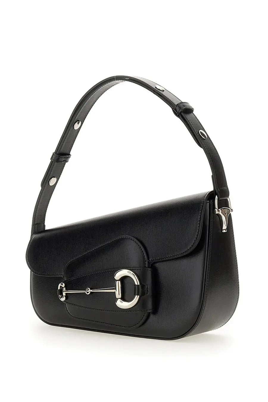 Black leather gucci women’s small shoulder bag with silver horsebit metal hardware for stylish everyday use