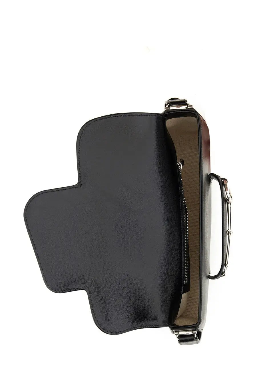 Gucci women’s black leather crossbody bag with glossy finish and silver-toned horsebit hardware small size