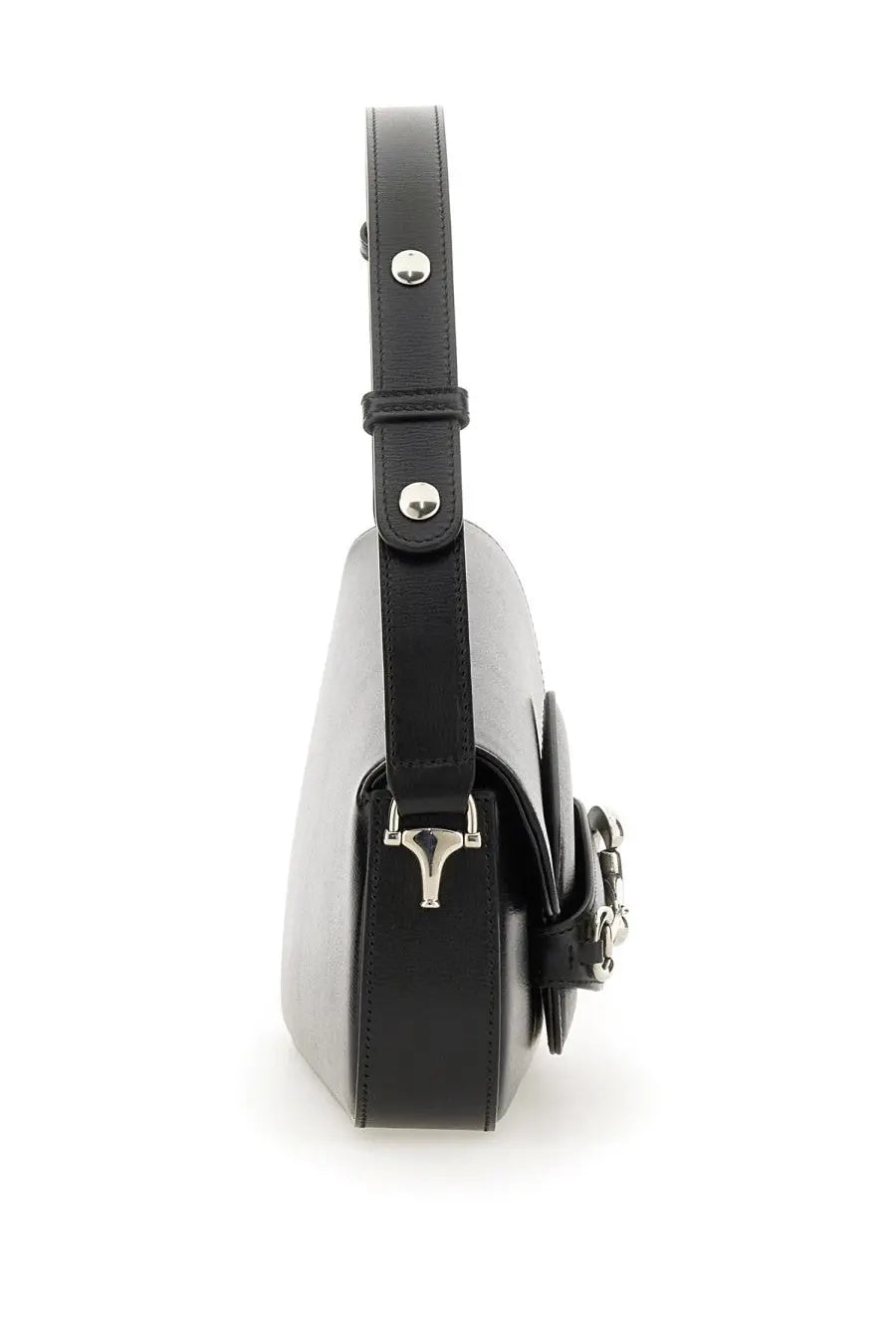 Black and silver leather Gucci women’s shoulder bag with sleek structured design and metallic horsebit hardware accents