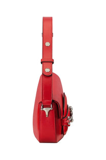 Gucci women’s red leather shoulder bag with silver-toned hardware and distinctive horsebit buckle design small size
