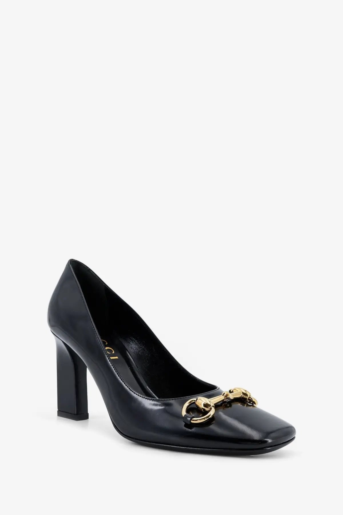 Gucci women’s signora black patent leather pump with gold tone horsebit buckle elegant designer shoe