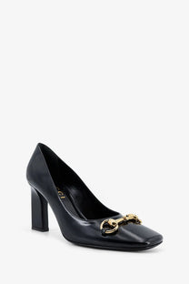 Gucci women’s signora black patent leather pump with gold tone horsebit buckle elegant designer shoe