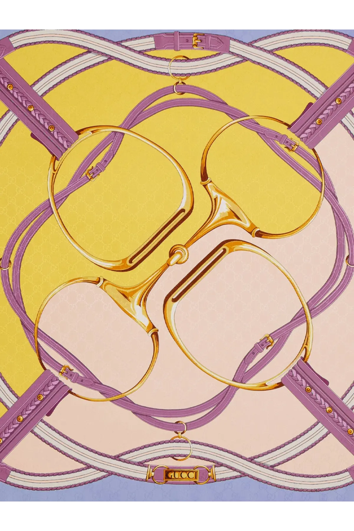 Gucci women’s silk foulard blue with a purple and gold horsebit inspired pattern on a silk scarf