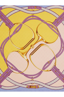 Gucci women’s silk foulard blue with a purple and gold horsebit inspired pattern on a silk scarf