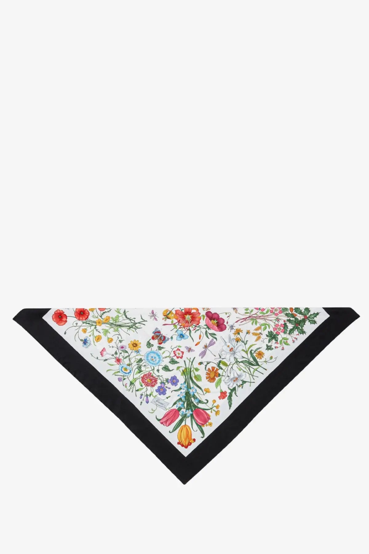 Gucci women’s silk hair band black with white base featuring vibrant floral pattern and black border