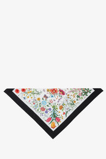 Gucci women’s silk hair band black with white base featuring vibrant floral pattern and black border
