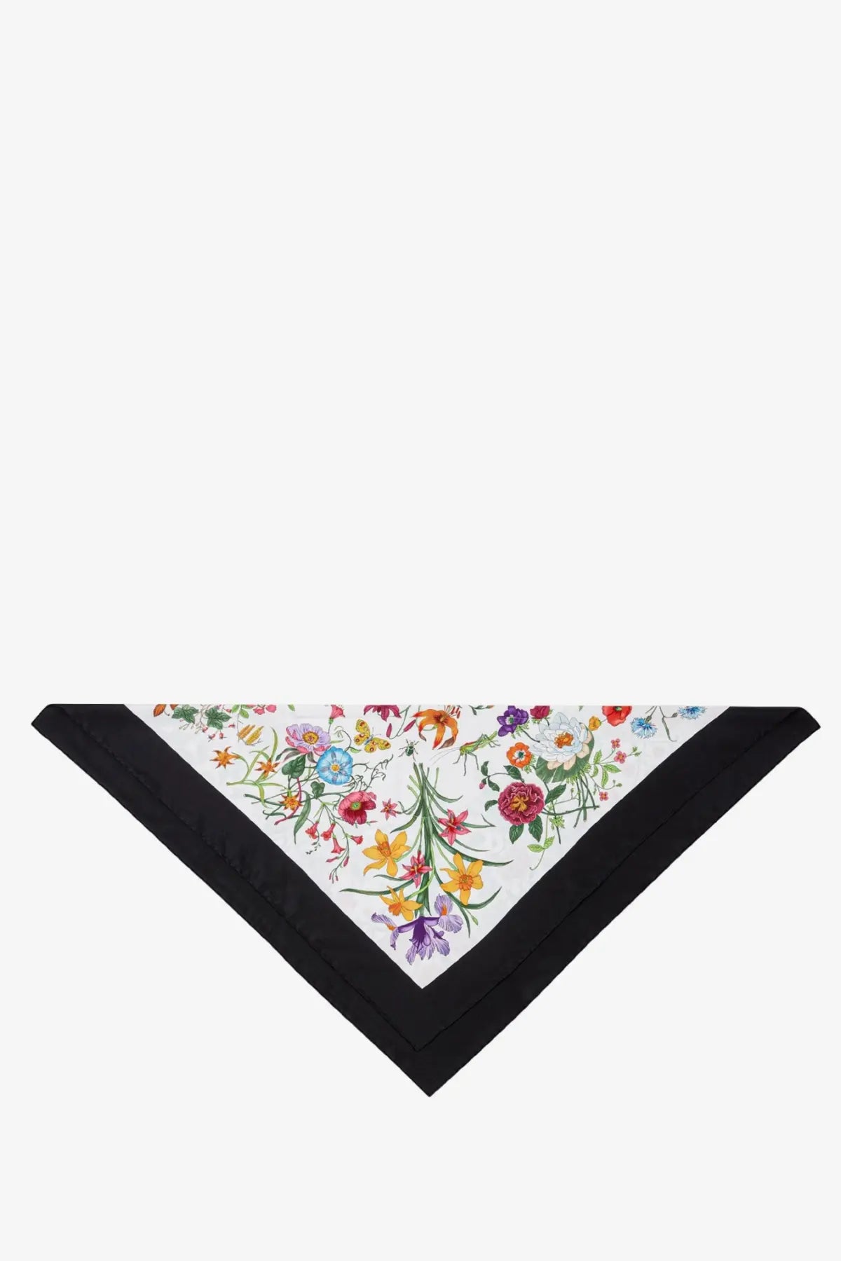 Gucci women’s silk hair band in black featuring a white triangular scarf with vibrant floral pattern and black border
