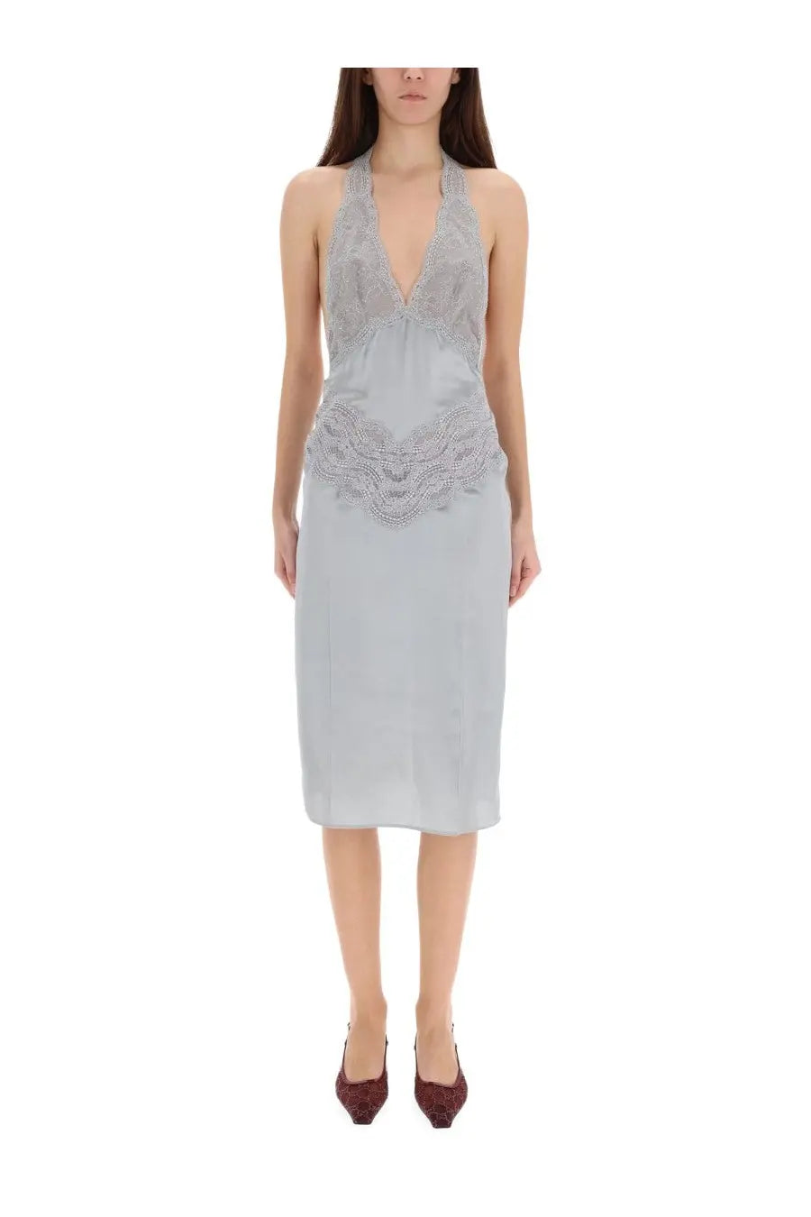 Gucci women’s grey silk satin halter-neck midi dress with intricate lace bodice and flowing smooth skirt