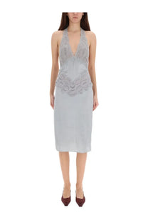 Gucci women’s grey silk satin halter-neck midi dress with intricate lace bodice and flowing smooth skirt