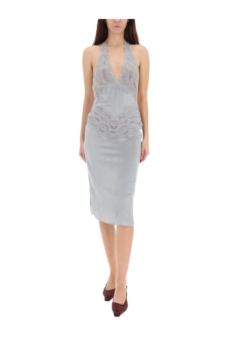 Gucci women’s silk satin dress in light gray with a sleek halter neck and intricate lace bodice detailing