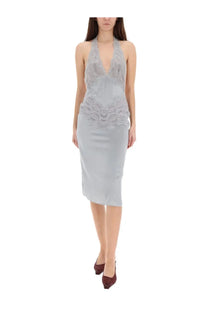 Gucci women’s silk satin dress in light gray with a sleek halter neck and intricate lace bodice detailing