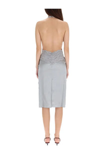 Back view of Gucci women’s silk satin light gray midi skirt with intricate floral lace panel