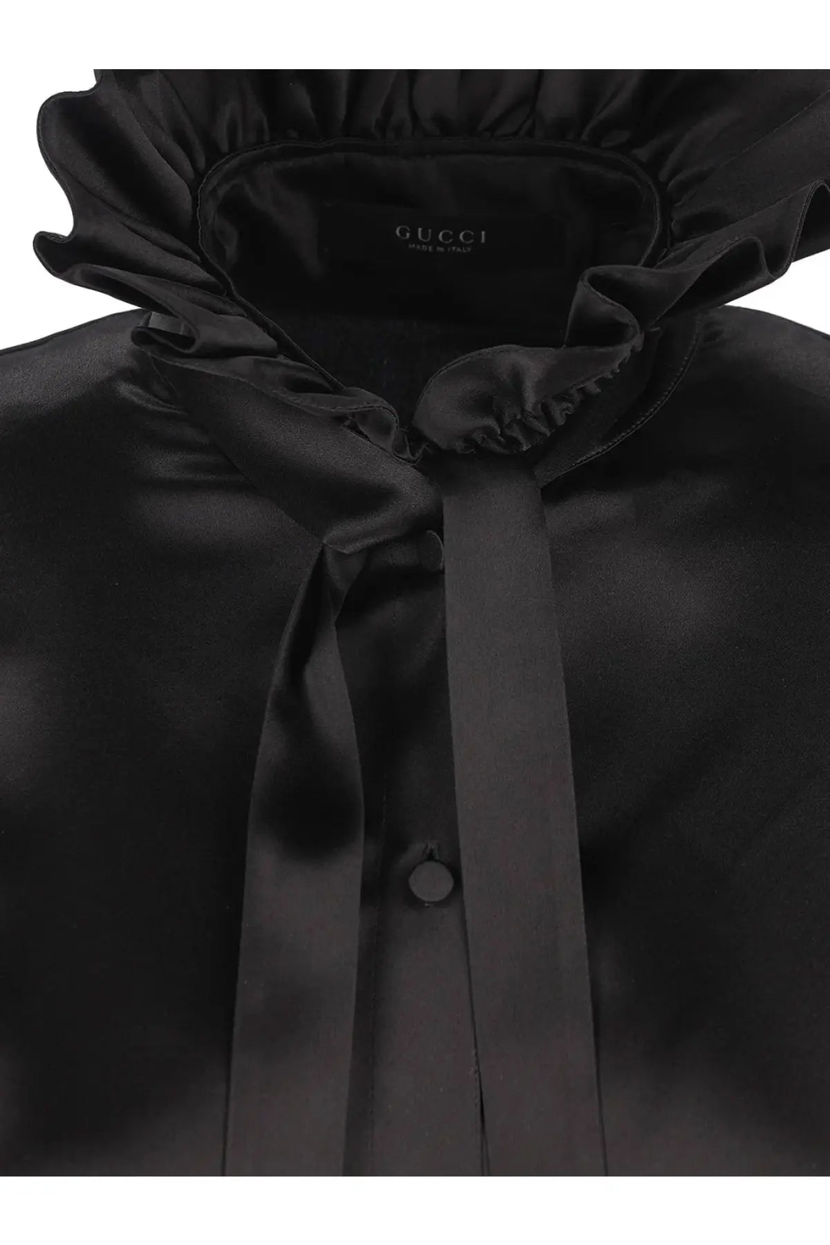 Black satin Gucci women’s silk blouse with ruffled collar and matching bow tie