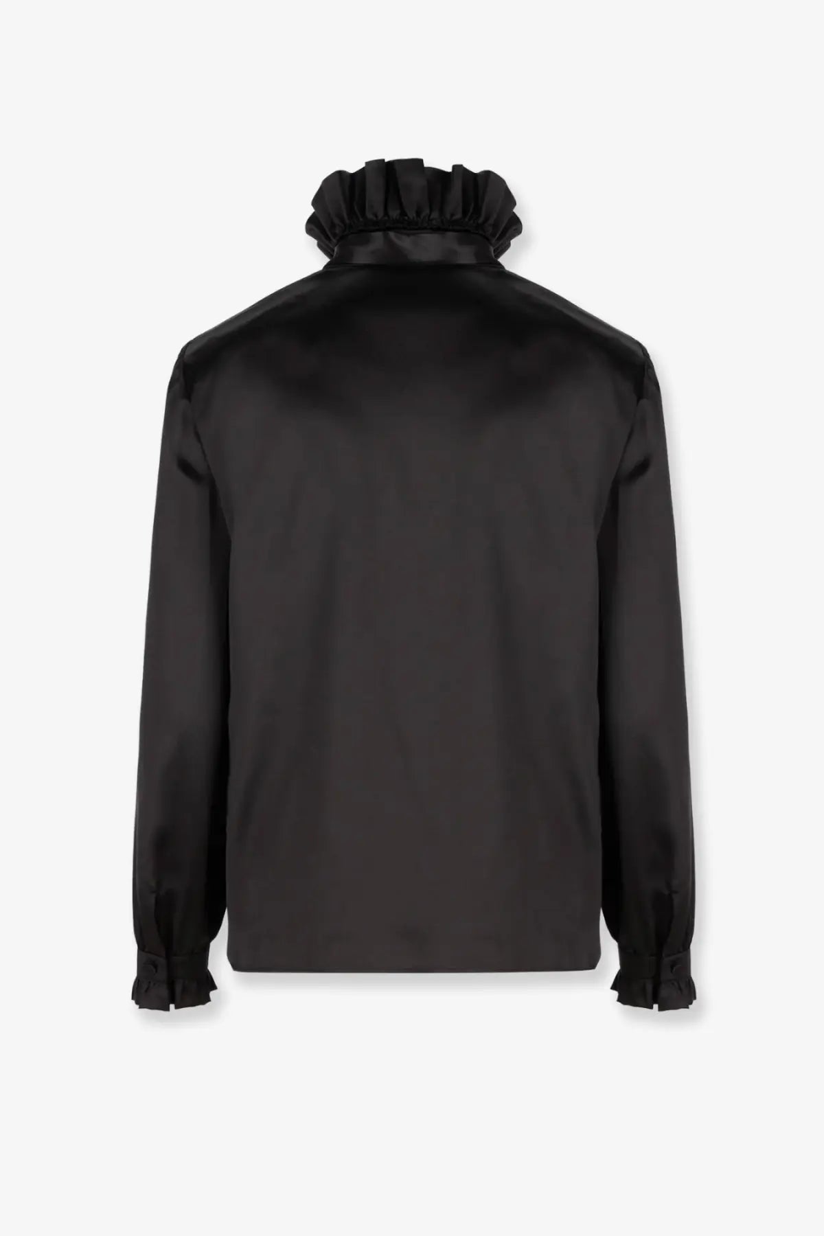 Gucci women’s silk blouse in black satin featuring a ruffled high collar and matching ruffled cuffs