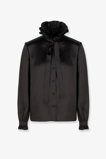 Gucci women silk shirt black featuring black satin with ruffled high collar and matching cuffs