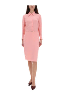 Gucci women’s soft pink silk blouse with long sleeves and classic collar paired with matching pencil skirt