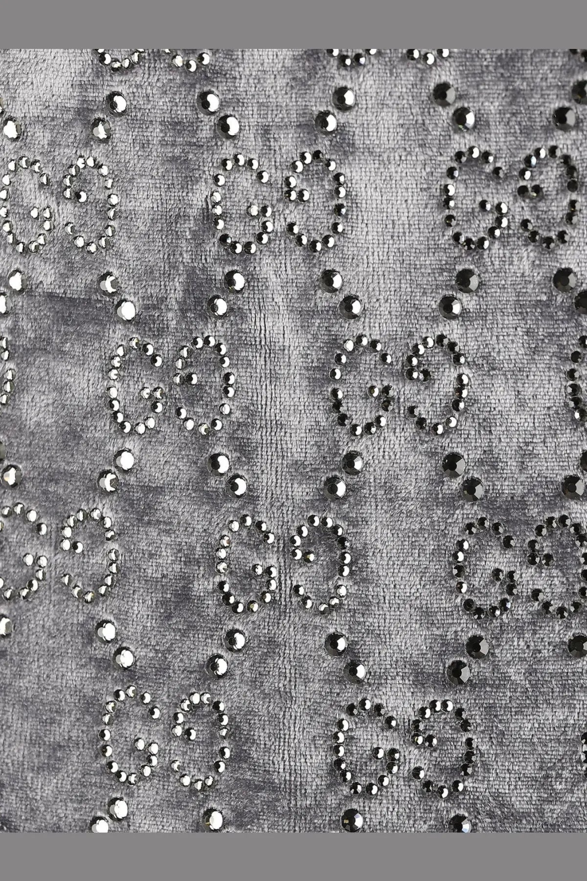 Gray velvet scarf with silver and black rhinestone interlocking g motifs paired with gucci women’s grey chenille jumpsuit