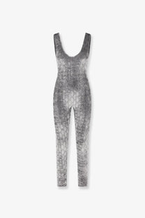 Gucci women’s grey stretch chenille jumpsuit with shimmering textured fabric and signature interlocking GG pattern