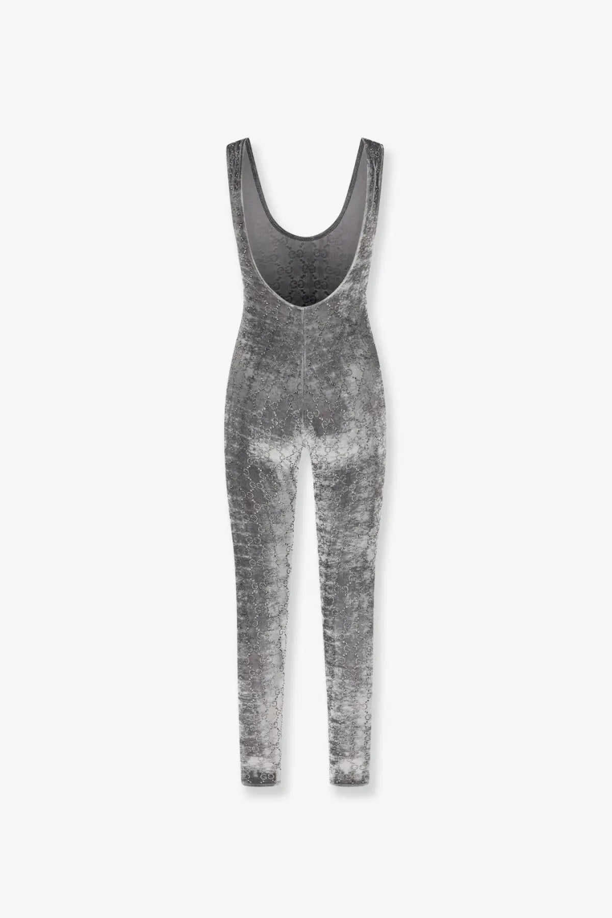Gucci women’s stretch chenille jumpsuit in silver-gray velvet with thin straps and subtle textured pattern