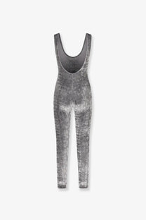 Gucci women’s stretch chenille jumpsuit in silver-gray velvet with thin straps and subtle textured pattern