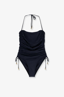 Gucci women’s black stretch jersey one-piece swimsuit with ruched detailing and adjustable ties with gold charms