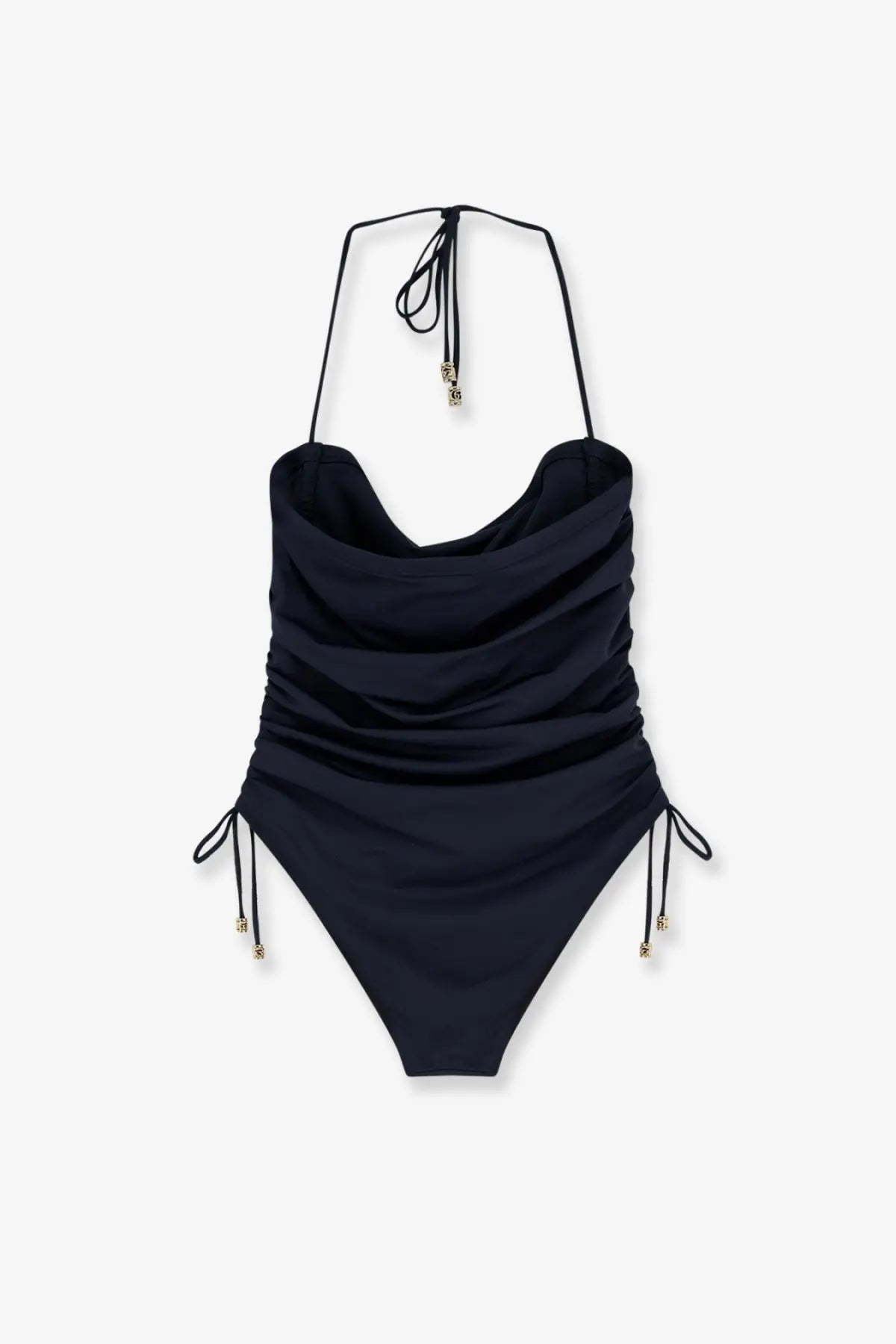 Gucci women’s black stretch jersey one piece swimsuit with ruched bodice and adjustable halter neck ties