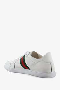 Gucci women’s stretch leather sneakers white with classic leather upper and red green striped webbing side detail