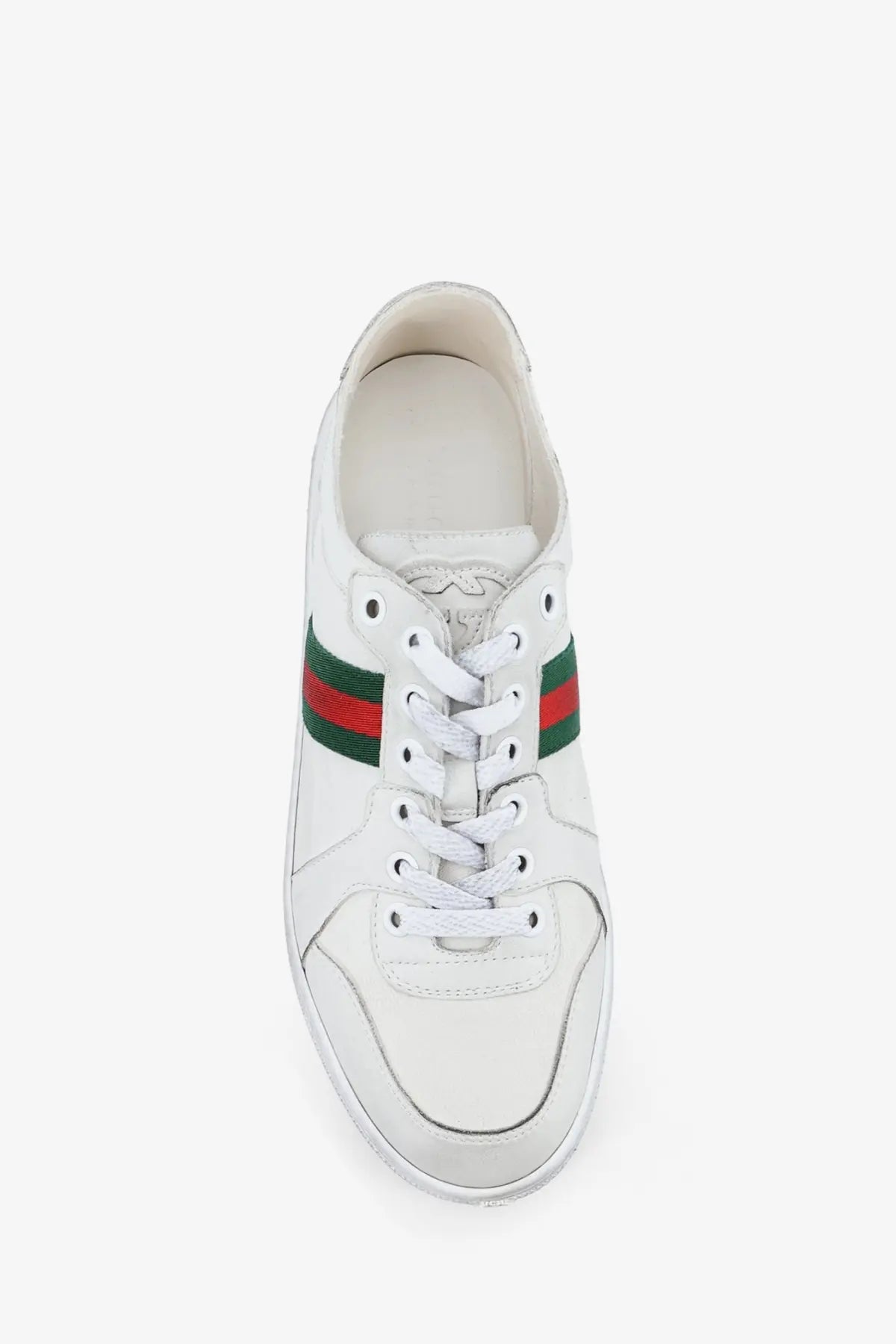 Gucci women’s stretch leather sneakers white featuring classic design with green and red striped accents on side