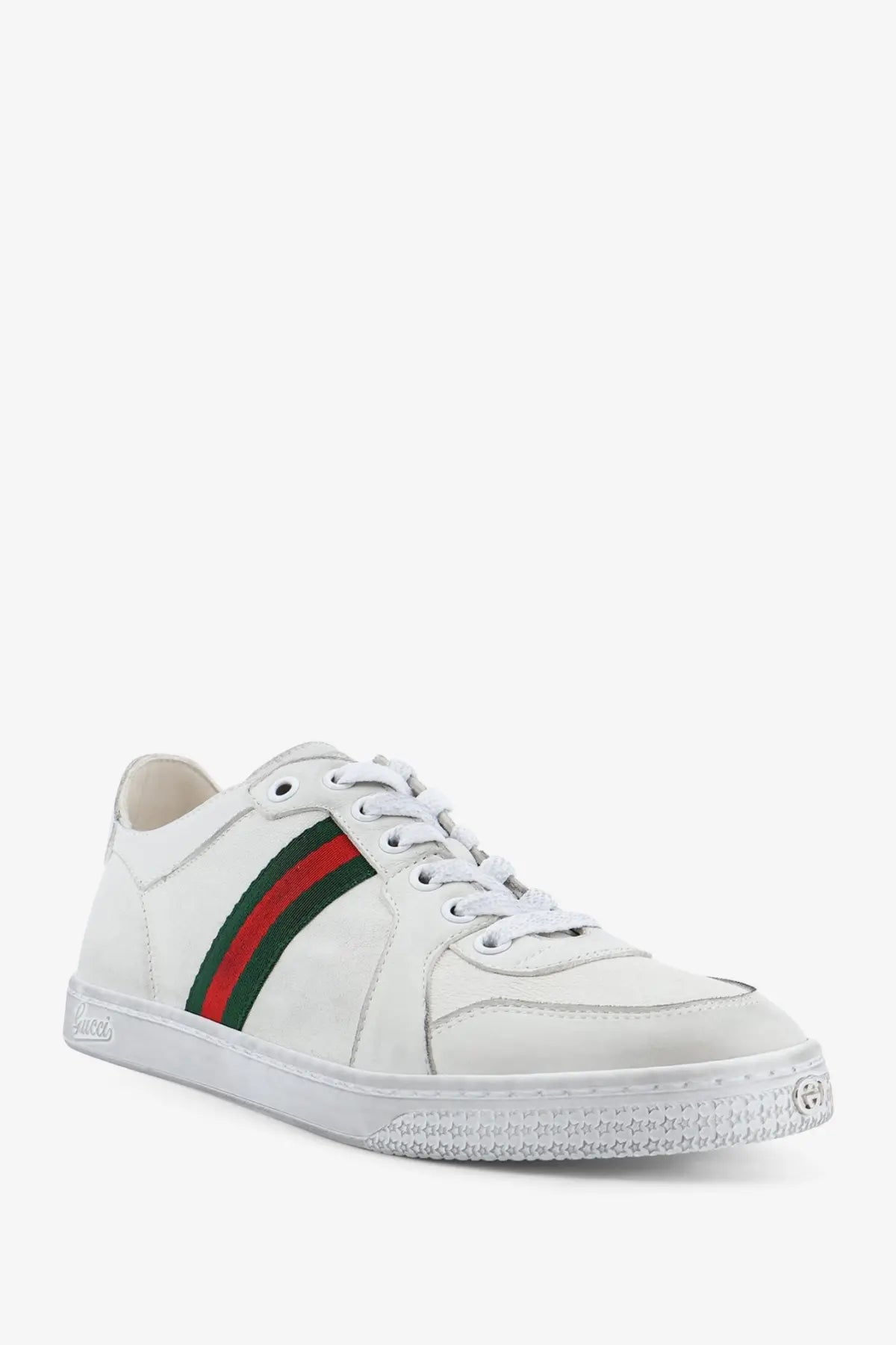 White gucci women’s stretch leather sneakers with classic leather upper and red green striped webbing on the side