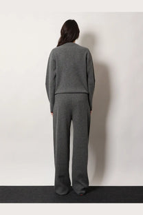 A cozy ribbed gray knit sweatsuit set featuring a long-sleeved top and wide-leg pants by Gucci womens stretch wool trousers gray