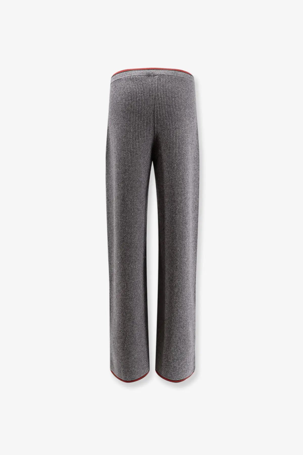 Gucci women’s stretch wool trousers in grey ribbed knit with contrasting red trim at waistband and hem