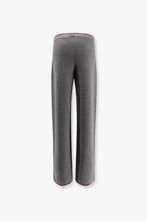 Gucci women’s stretch wool trousers in grey ribbed knit with contrasting red trim at waistband and hem