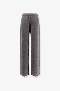 Gucci women’s stretch wool trousers in gray with red ribbed knit waistband and hem
