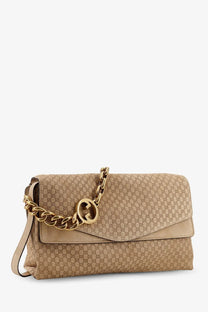 Beige gucci women’s suede and gg canvas shoulder bag with interlocking gg monogram pattern and gold-tone chain strap