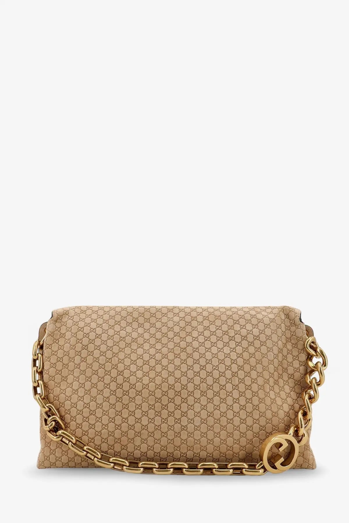 Beige gucci women’s suede and gg canvas shoulder bag with gold-tone chain strap and interlocking g logo hardware