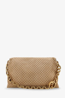 Beige gucci women’s suede and gg canvas shoulder bag with gold-tone chain strap and interlocking g logo hardware