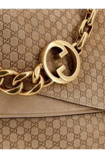 Gucci women’s suede and gg canvas shoulder bag spicy ging with gold-tone interlocking g chain strap and gg supreme beige canvas