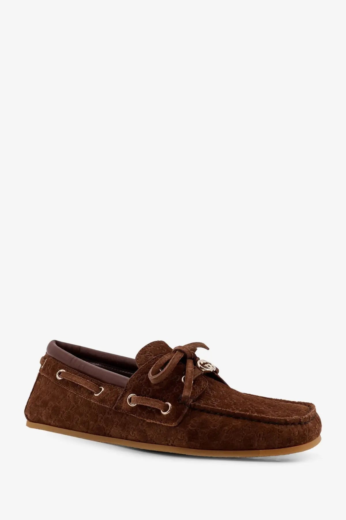 Gucci women’s brown suede loafers with gg monogram pattern and metallic eyelets from pretty ch collection
