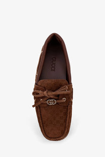 Gucci women’s suede loafers in brown with signature gg monogram and metallic double g buckle detailing
