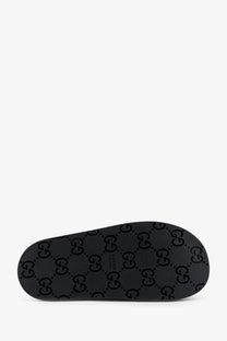 Gucci women’s grey suede sandals with black slide featuring glossy rubber sole and interlocking gg logo pattern