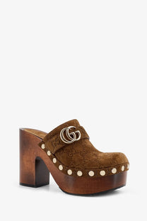 Gucci women suede sandals grey brown clog with wooden platform heel and gold tone gg logo buckle