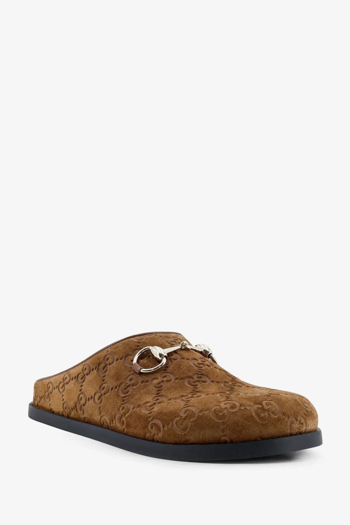 Gucci women’s brown suede horsebit mule slip-on shoe with black rubber sole in grey sandals product line