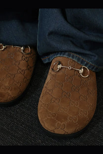 Gucci women’s brown suede loafers with signature gg monogram pattern and metallic horsebit detailing