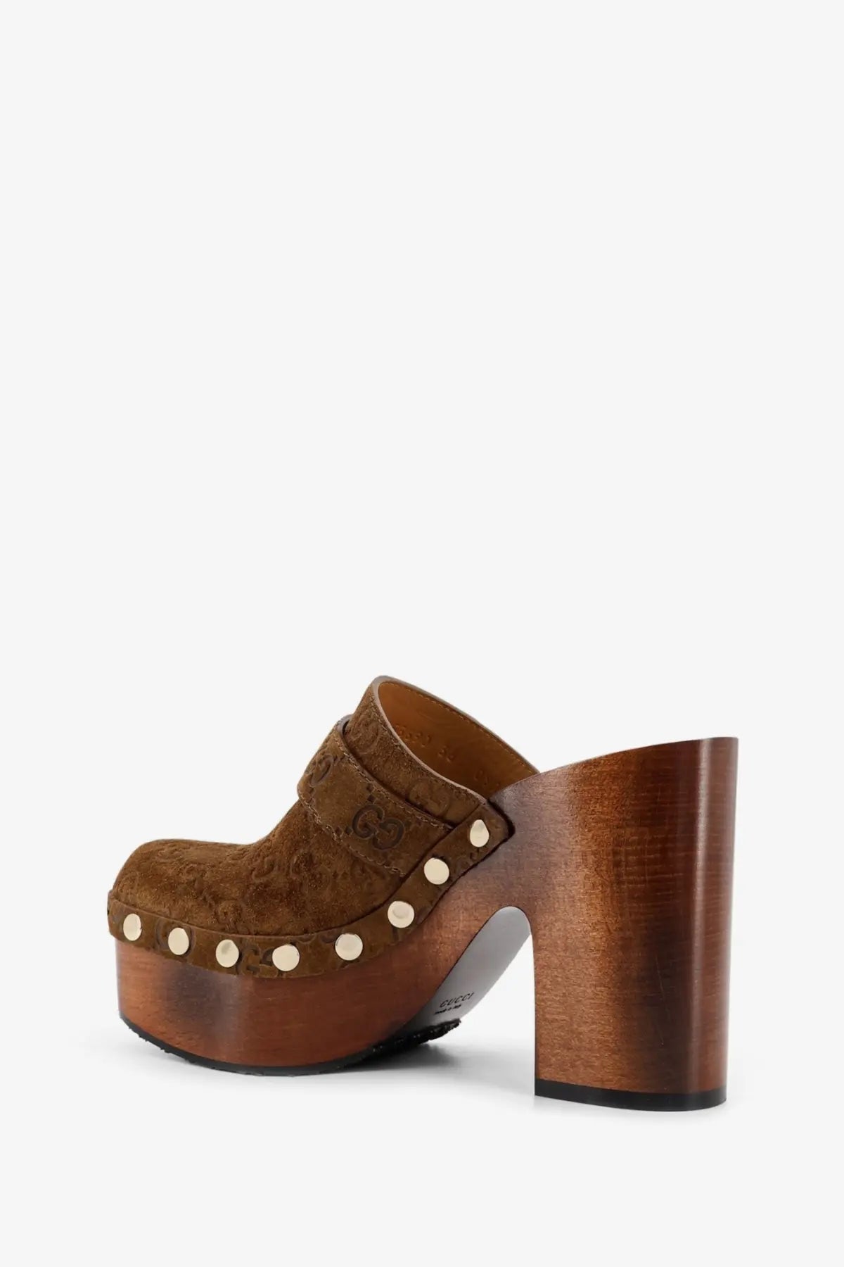 Gucci women’s grey suede sandals with brown suede mule platform, wooden heel, and silver toned studs