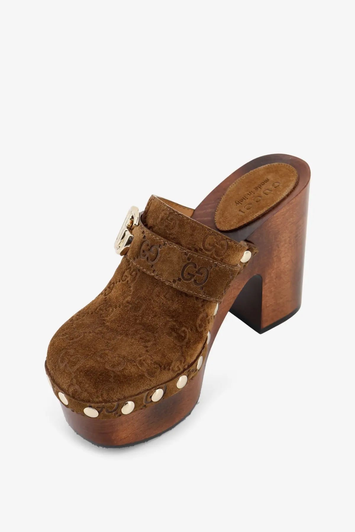 Gucci women’s grey suede sandals with wooden platform heel and metallic buckle strap in brown suede mule design